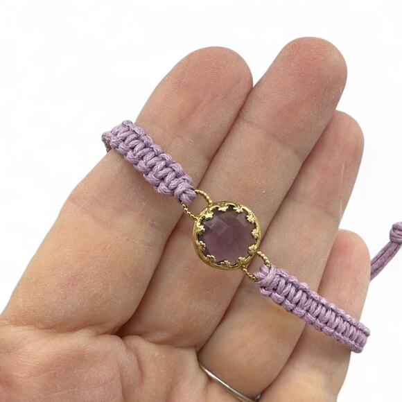 Purple Glass Bead Macrame Bracelet Gold Plated 925 Sterling Silver Adjustable - Picture 2 of 4